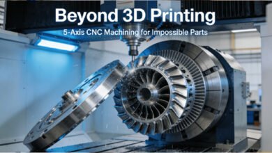 A high-precision 5-axis CNC machine actively machining a complex metal part with intricate contours and undercuts, highlighting the technology's capability to create geometries beyond the reach of 3D printing or 3-axis machining.