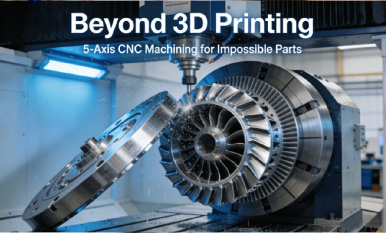 A high-precision 5-axis CNC machine actively machining a complex metal part with intricate contours and undercuts, highlighting the technology's capability to create geometries beyond the reach of 3D printing or 3-axis machining.